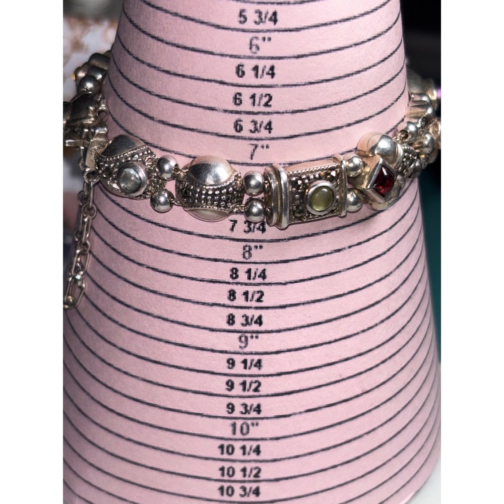 Vintage Sterling Silver Multi Gemstone Marcasite Ornate Link Bracelet 925 - Picture 12 of 13